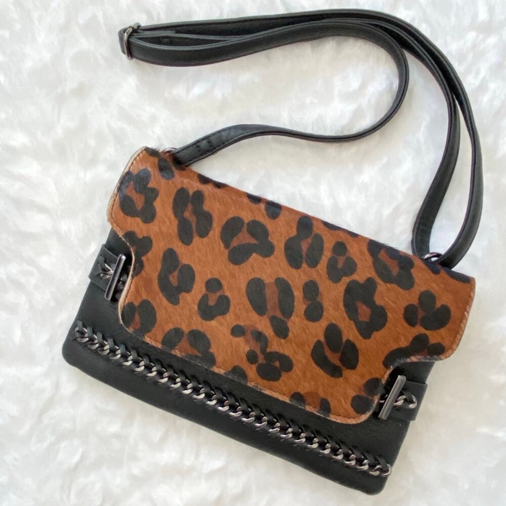 Sondra Roberts Leopard and Chain Crossbody Flap Top Zip Closure Purse Bag